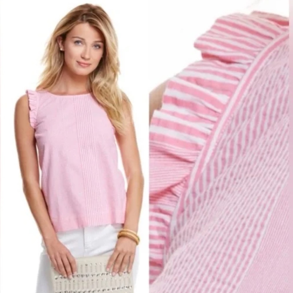 Vineyard Vines Seersucker Ruffle Top Shirt Blouse Pink White Striped Size 0